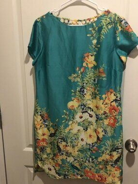 Julian Taylor Teal Floral Shift Dress with Yellow & Orange Blooms
